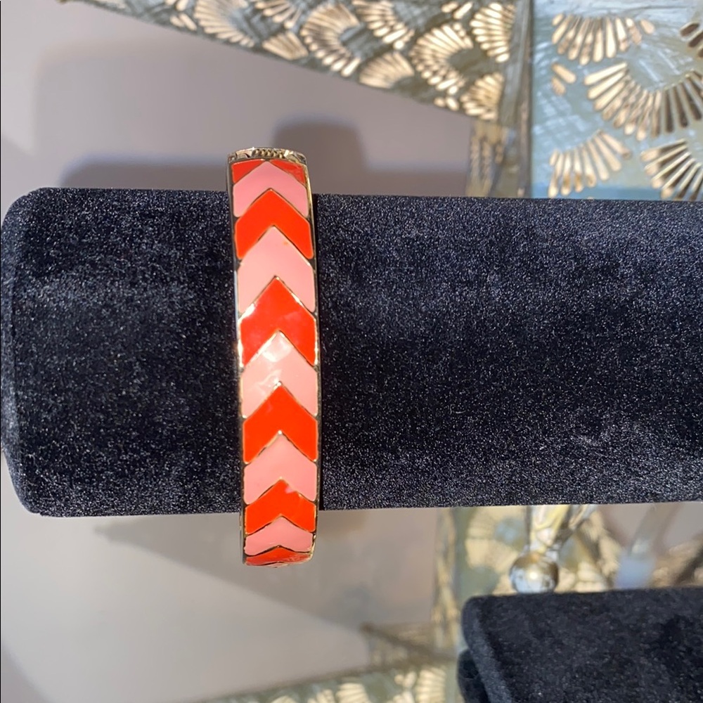 Chevron Patterned Enamel Bangle Bracelet - Pink Coral and Gold